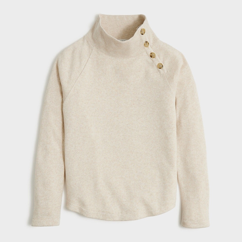 J. Crew Oatmeal Fleece Sweater Button Neck Plaid Trim Fall Preppy Classic Small